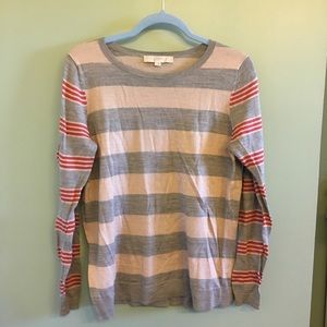 Loft L Gray and Red Striped Sweater